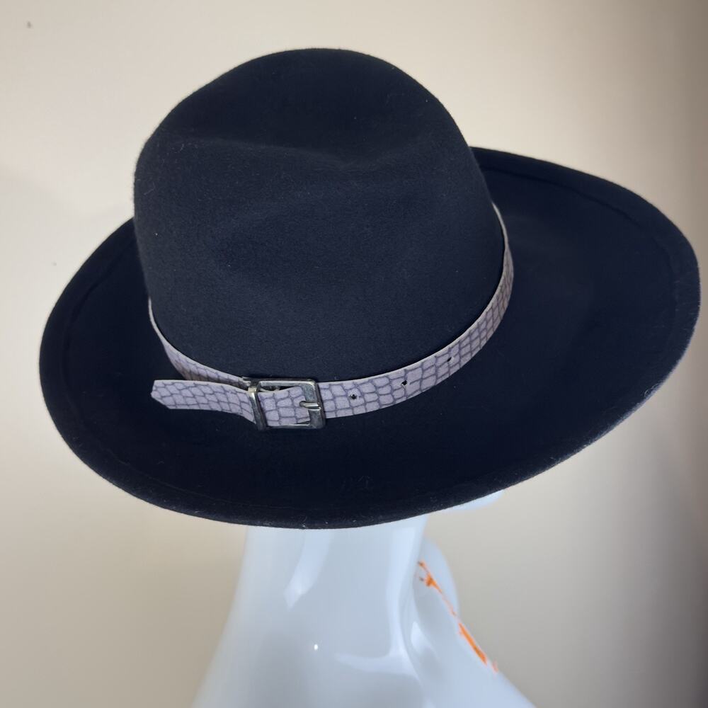 Betmar Black Wool Fedora Hat Wide Brim Snake Croc Print Buckle Band One Size